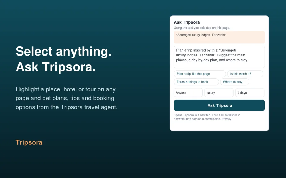 The Ask Tripsora popup with selected text